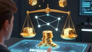 Ilustrasi antarmuka holografik untuk menghitung syarat taruhan pada bonus turnamen dadu online