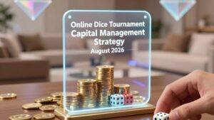 Koin emas dan dadu di bawah perisai holografik untuk strategi manajemen modal turnamen dadu online