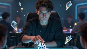 Pemain fokus dengan dadu holografik menggambarkan psikologi kemenangan dalam turnamen dadu online