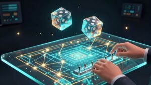 Tangan mengatur slider kristal di atas dadu neon untuk optimasi pola taruhan dadu online