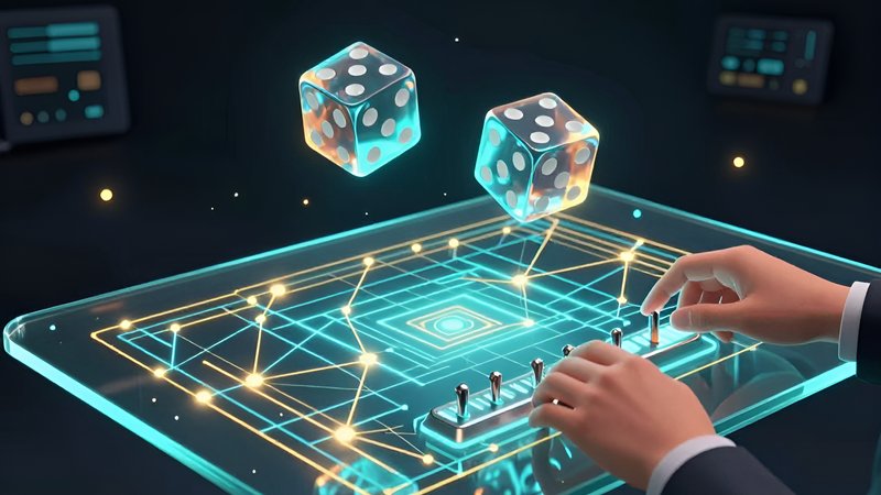 Tangan mengatur slider kristal di atas dadu neon untuk optimasi pola taruhan dadu online