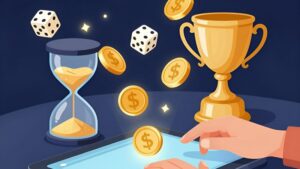 Tangan pemain mengelola koin dan dadu digital sebagai waktu proses deposit dan penarikan