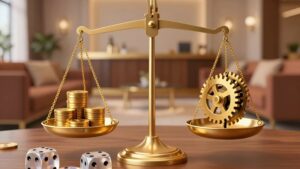 Timbangan emas dan dadu di atas meja kayu untuk menghitung syarat taruhan pada bonus turnamen